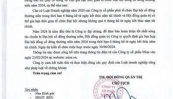 Thông báo về việc gia hạn thời gian tổ chức Đại hội đồng cổ đông thường niên năm 2024