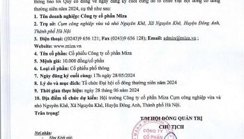 Thông báo chốt danh sách cổ đông để tổ chức ĐHĐCĐ thường niên năm 2024